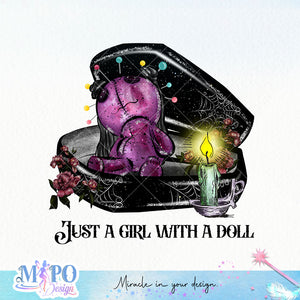 Just a girl with a doll sublimation design, png for sublimation, Halloween png, Voodoo dolls png png