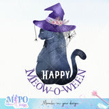 Happy Meow-o-ween sublimation design, png for sublimation, Halloween characters, Witch cat, Spooky design