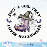 Just a girl that loves halloween sublimation design, png for sublimation, Vintage Halloween design, Halloween styles