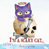 Meow, I'm a scary cat sublimation design, png for sublimation, Halloween characters, Witch cat, Spooky design