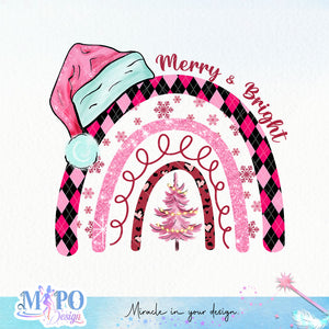 Merry & Bright sublimation design, png for sublimation, Christmas PNG, Retro pink christmas PNG