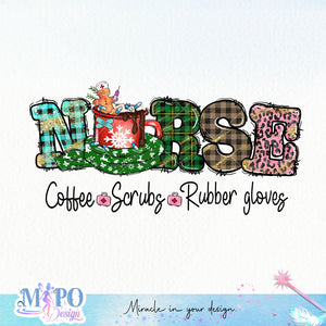 Nurse coffee scrubs rubber gloves sublimation design, png for sublimation, Nurse PNG, Nurse Christmas PNG
