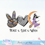 Peace Love Witch sublimation design, png for sublimation, Witch PNG, Halloween characters PNG