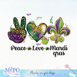 Peace love Mardi gras sublimation design, png for sublimation, MardiGras day png, Event vibes PNG