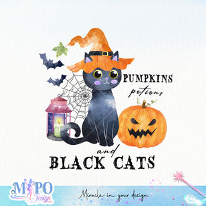 Pumpkins potions and black cats sublimation design, png for sublimation, Halloween characters, Witch cat, Spooky design