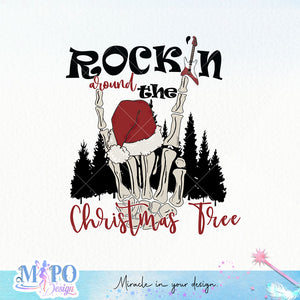 Rock'in around the Christmas tree sublimation design, png for sublimation, Christmas PNG, Christmas Skeleton PNG