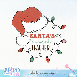 Santa's Favorite Teacher design, png for sublimation, Christmas PNG, Christmas lights PNG