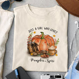 Just a girl who loves pumpkin spice sublimation design, png for sublimation, Autumn PNG, Positive vibe PNG, Autumn vibe PNG