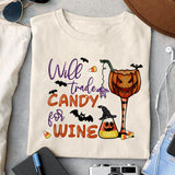 Will trade candy for wine sublimation design, png for sublimation, Retro Halloween design, Halloween styles