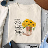 Give a girl the right pair of boots and she can conquer the world sublimation design, png for sublimation, Retro sunflower PNG, hobbies vibes png