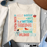 Hello winter, sweaters, boots, mittens, snowmen, christmas, coat, sledding, holidays, hot cocoa, cozy sublimation