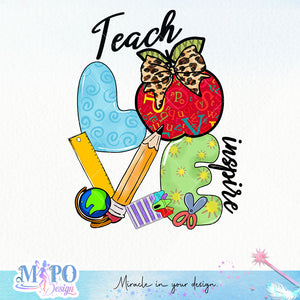 Teach Love Inspire sublimation design, png for sublimation, Retro School design, School life PNG